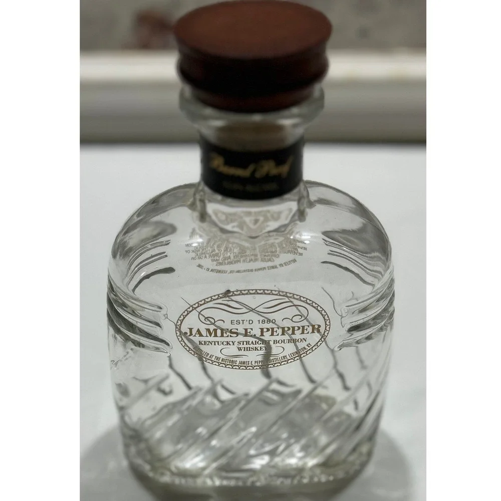 James E Pepper Kentucky Straight Bourbon Empty Whiskey Bottle Wood Cork 9.5in